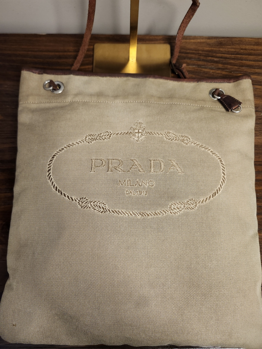 Prada Milano Jacquard Logo Canvas and Leather Crossbody Messanger Bag in Beige